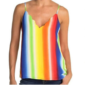 Socialite Striped Scalloped Rainbow Watercolor Rain Cami Colorful Top Size S